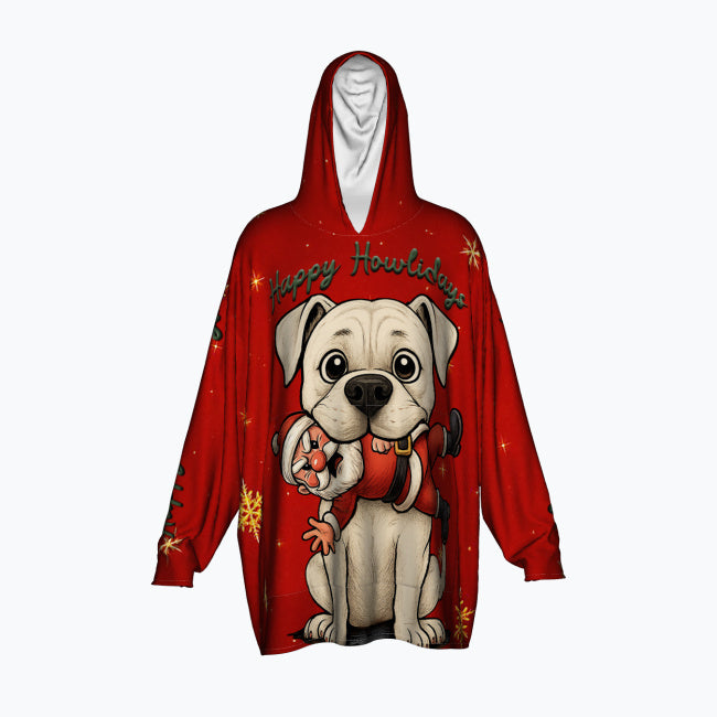 Happy Howlidays - Solid White Boxer. Cosy Oversized Christmas Hoodie  - Your Personal Cloud of Comfort.