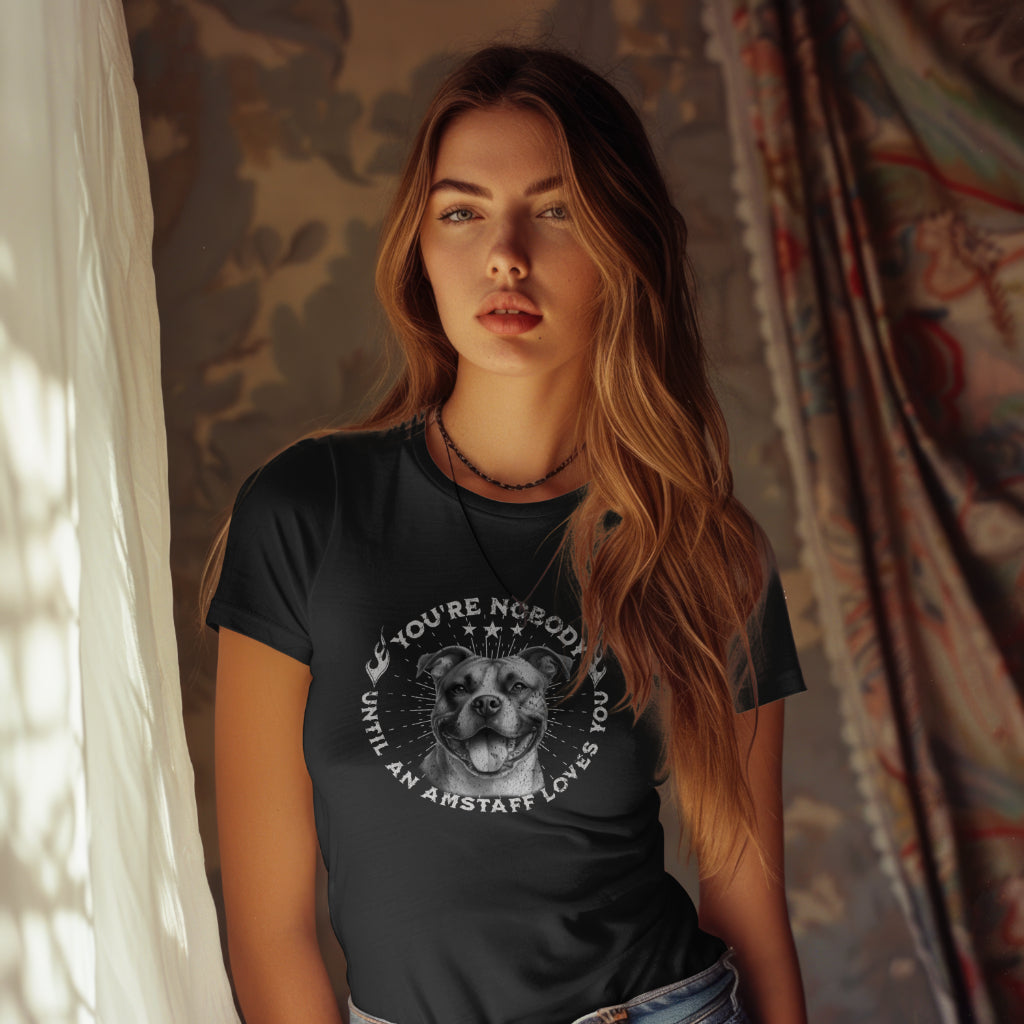Amstaff - You're Nobody Until An Amstaff Loves You. Premium Unisex Crewneck T-shirt | Bella + Canvas 3001