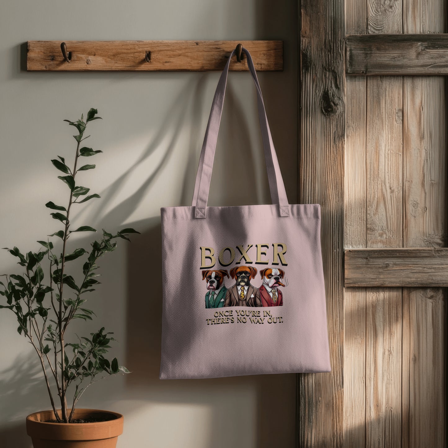 Boxer with Mob text. Organic Long Handles Tote Bag | SOL'S Stockholm 04091