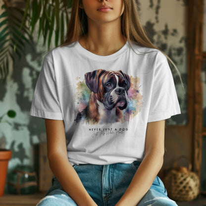 Brindle Boxer In Watercolors With A Text - Never Just A Dog. Just My Whole Heart.  Premium Womens Crewneck T-shirt | Bella + Canvas 6004