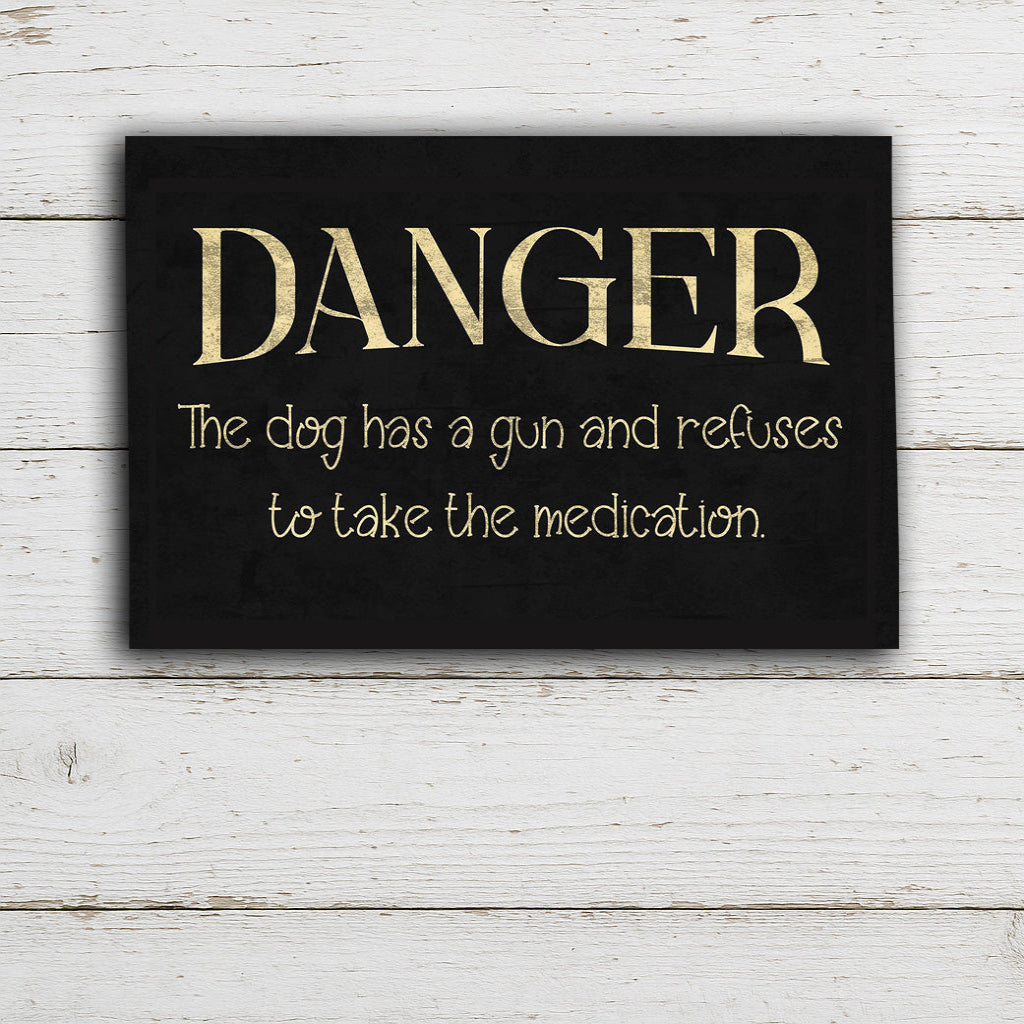 Humorous Aluminum Warning Sign – 'The Dog Has a Gun' Design