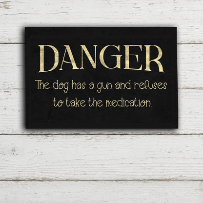 Humorous Aluminum Warning Sign – 'The Dog Has a Gun' Design