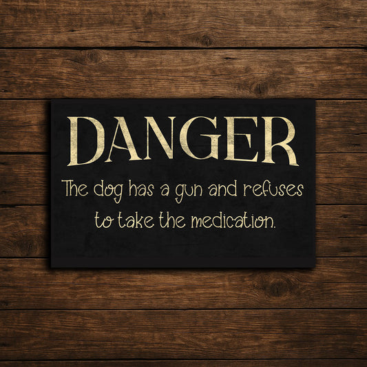 Humorous Aluminum Warning Sign – 'The Dog Has a Gun' Design