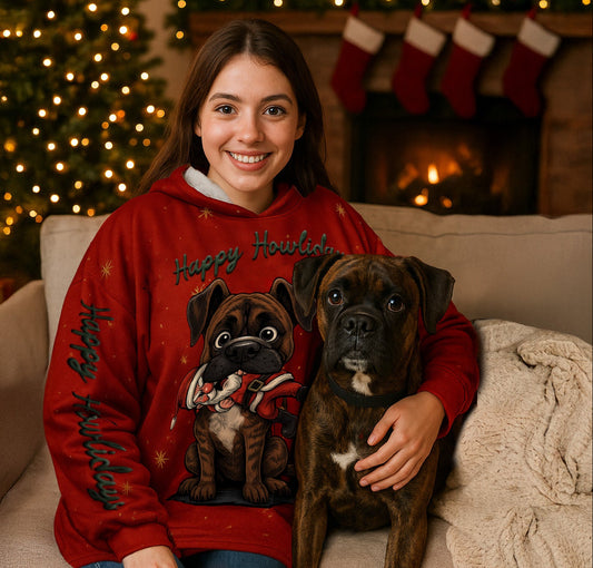 Happy Howlidays Solid Brindle Boxer. Cosy Oversized Christmas Hoodie  - Your Personal Cloud of Comfort.