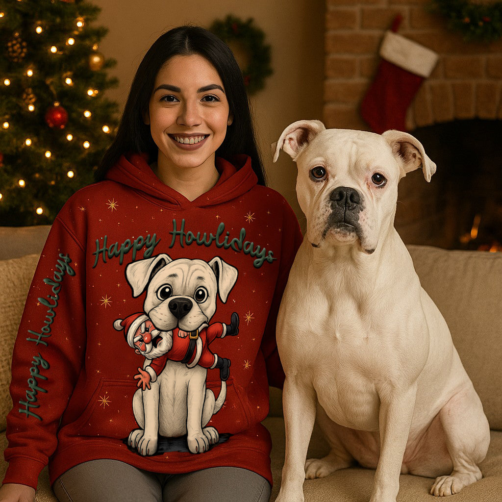 Happy Howlidays - Solid White Boxer. Cosy Oversized Christmas Hoodie  - Your Personal Cloud of Comfort.