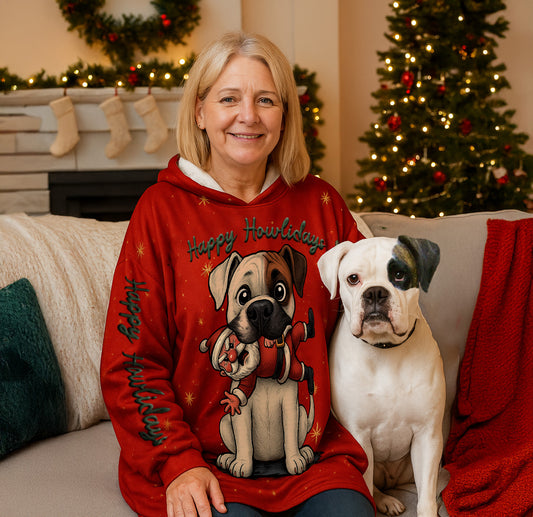 Happy Howlidays White Boxer. Cosy Oversized Christmas Hoodie  - Your Personal Cloud of Comfort.