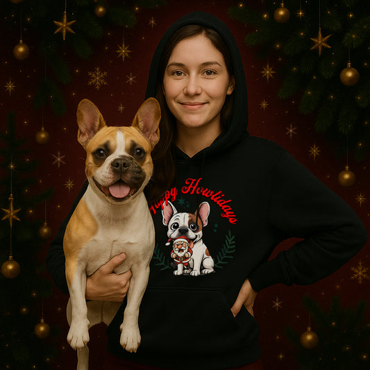 Happy Howlidays - Honey Pied French Bulldog. Classic Unisex Pullover Hoodie | Gildan® 18500