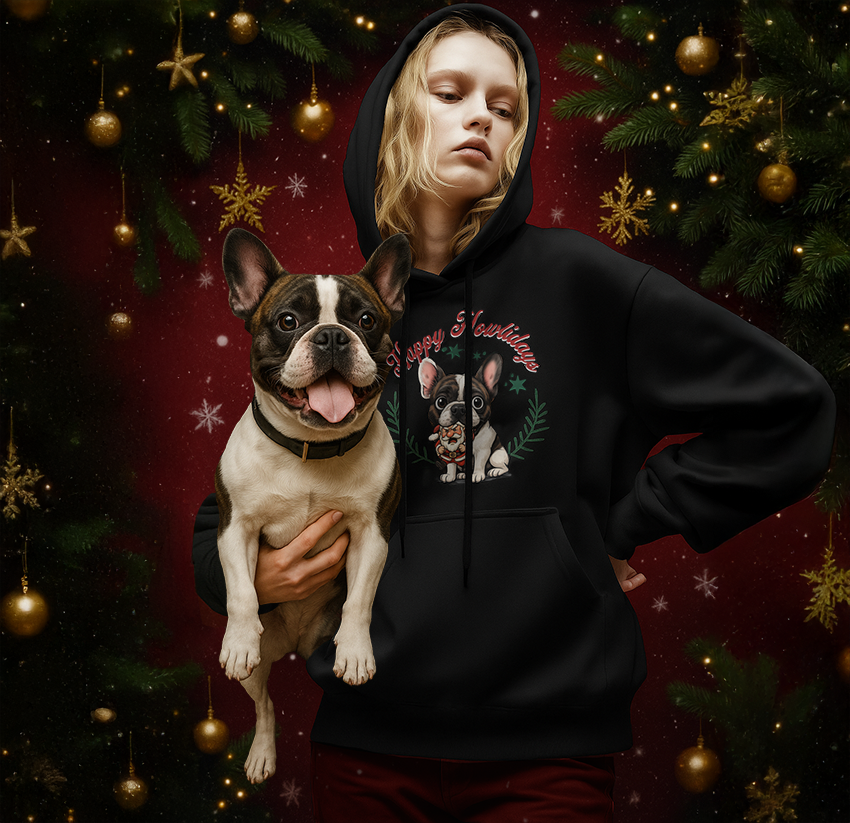 Happy Howlidays - Brindle Pied French Bulldog. Classic Unisex Pullover Hoodie | Gildan® 18500