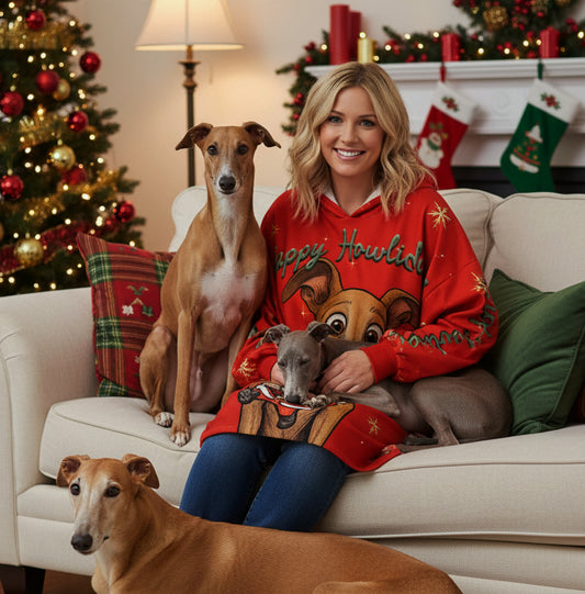 Happy Howlidays - Italian Greyhound/Greyhound, Whippet and Lurcher.  Cosy Oversized Christmas Hoodie  - Your Personal Cloud of Comfort.