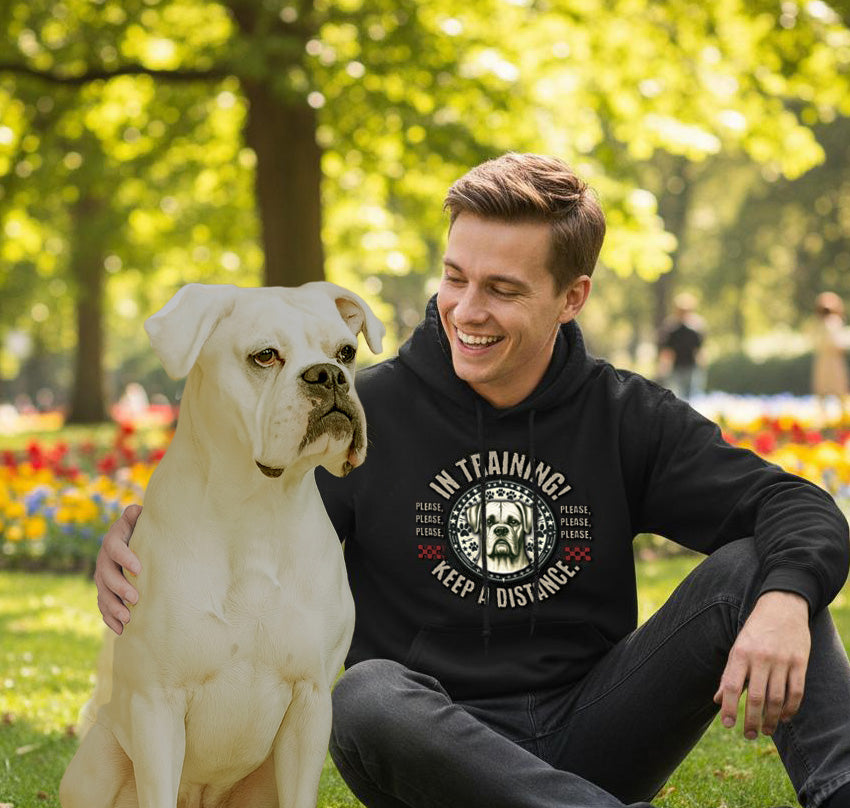 In Training - Retro White Boxer. Front And Back Print. Classic Unisex Pullover Hoodie | Gildan® 18500