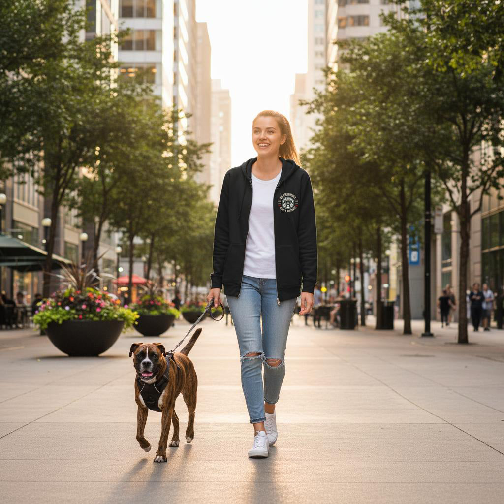 In Training Retro Boxer (brindle and fawn). Front and Back Print. Classic Unisex Zip Hoodie Black