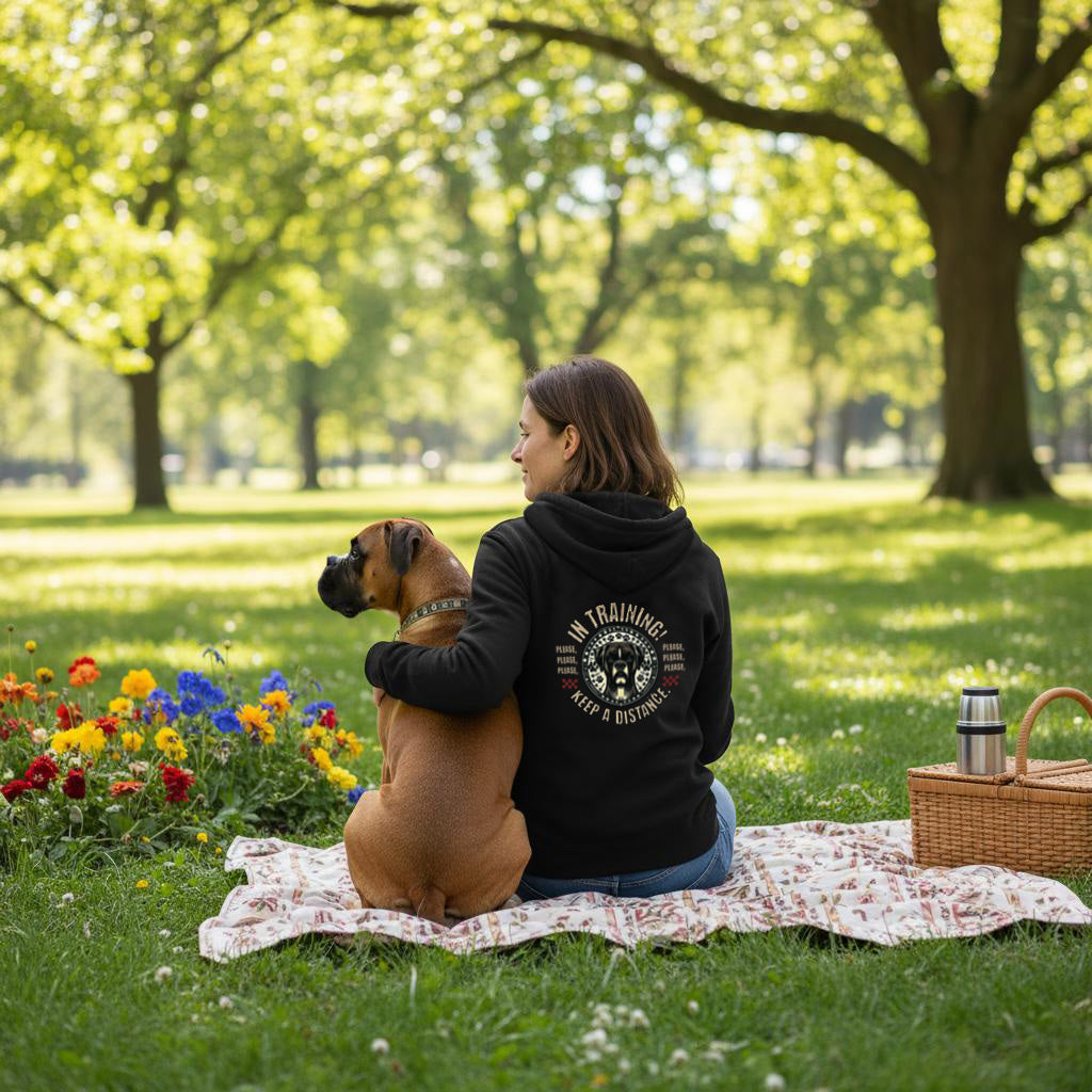In Training Retro Boxer (brindle and fawn). Front and Back Print. Classic Unisex Zip Hoodie Black