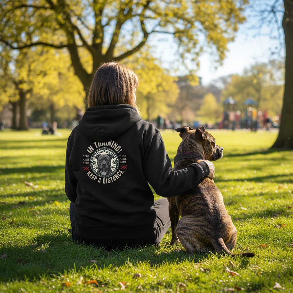 In Training Retro Staffie/Amstaff/Pitbullmix. Front and Back Print. Classic Unisex Zip Hoodie Black