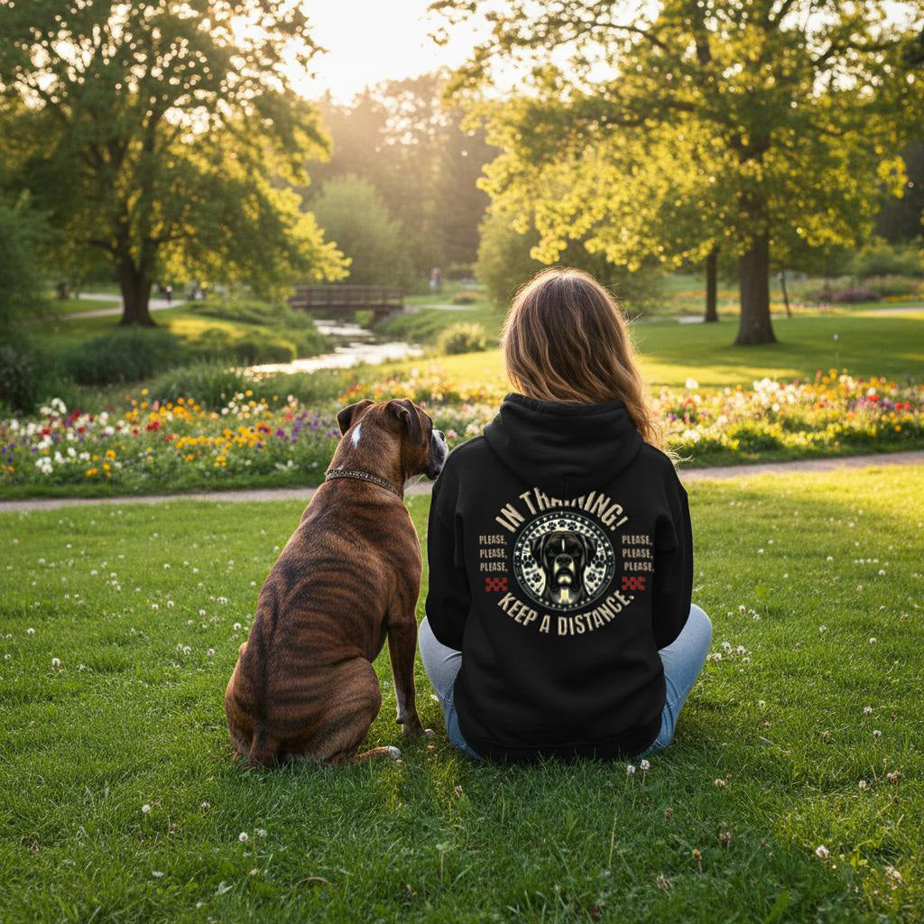In Training - Retro Boxer (brindle and fawn). Front And Back Print. Classic Unisex Pullover Hoodie | Gildan® 18500