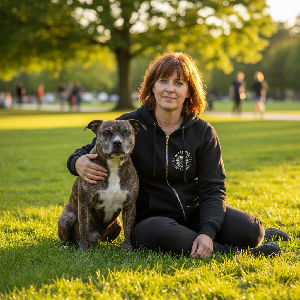 In Training Retro Staffie/Amstaff/Pitbullmix. Front and Back Print. Classic Unisex Zip Hoodie Black