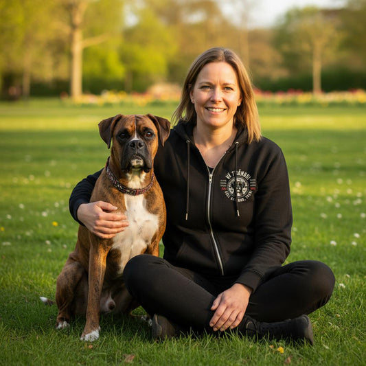 Vi tränar -  Boxer (tigrerad och gul). Tryck fram och bak. Classic Unisex Zip Hoodie Black